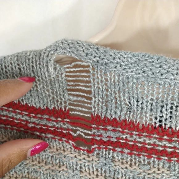 American Eagle Open Cardigan Sweater Fringe Women Size S Blue Grey Red Long Slv - Picture 6 of 6